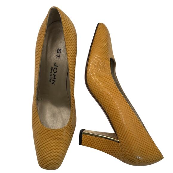 St. John Size 6.5 Leather Embossed High Heels Mustard Yellow Slip On Shoes - Picture 1 of 8